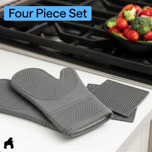 BPA Free Silicone Oven Mitts and Pot Holders Set (Gray / 12.5" Oven Mitts + 7" Trivets)