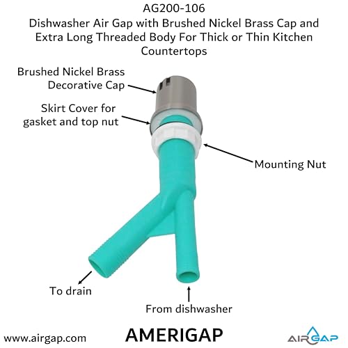 Dishwasher Air Gap with Skirted Brushed Nickel Brass Cap and Extra Long Threaded Body for Thick or Thin Kitchen Countertops (AG200-106)