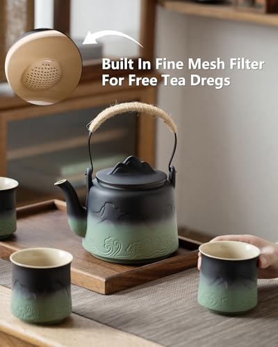 Japanese Teapot Set with 4 Cups (Black & Pea Green / 33.8oz Teapot&4 of 8oz Cups)