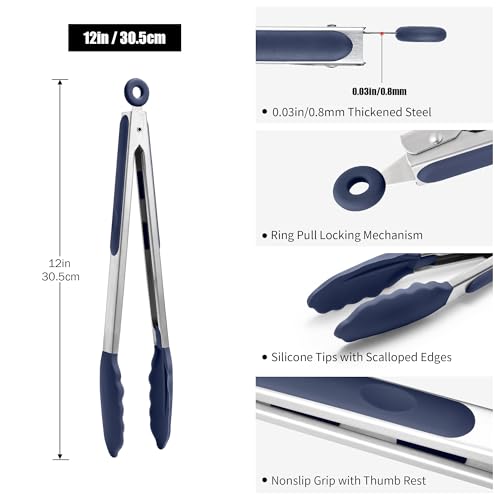Kitchen Tongs with Silicone Tips for Cooking Serving (12in / Navy Blue)