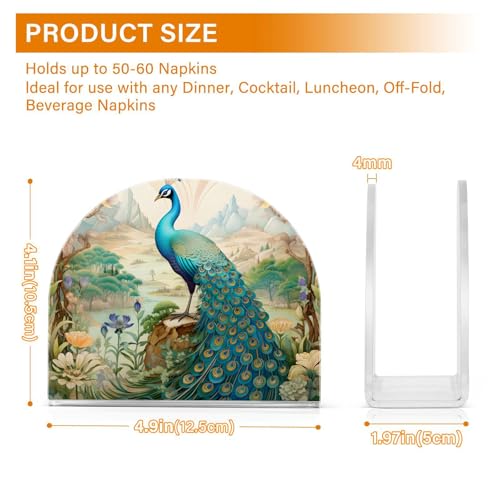 Peacock Garden Napkin Holder for Table Paper Napkins Holder Acrylic Tissue Dispenser Kitchen Dining Room Bathroom Party Car Decor (NH077 / 4.1x4.9x1.97in)