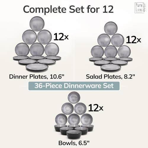 36 Piece Stoneware Dinnerware Set for 12 (Dark / Dark Gray / Set for 12 (36pcs))
