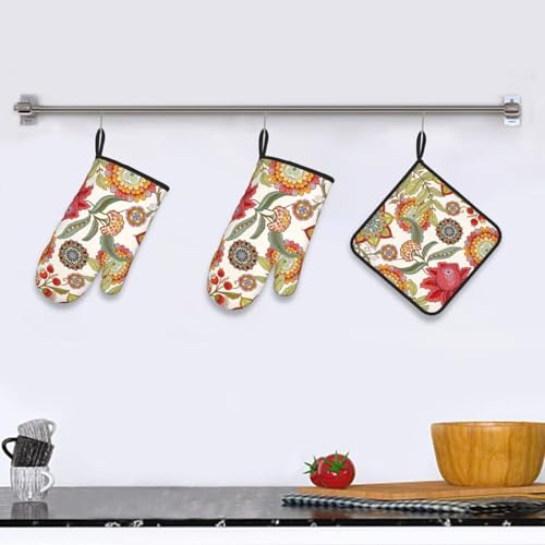 Boho Floral Oven Mitts and Pot Holders Sets of 3 Colorful Flower (Boho Floral)