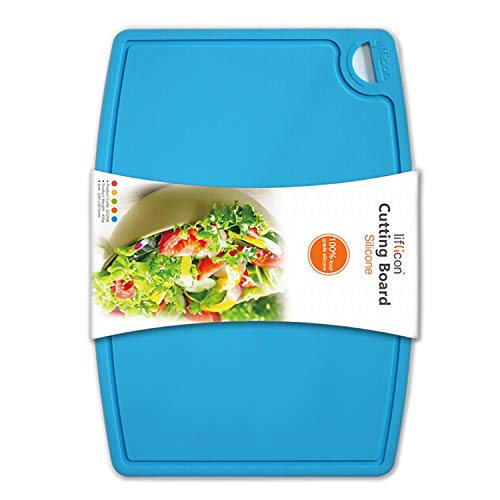 Thick Silicone Cutting Board 12.6'' x 9.1'' Foldable & Flexible Design Juice Grooves Easy Grip Handle Dishwasher Safe (12.6"L x 9.1"W / Blue)