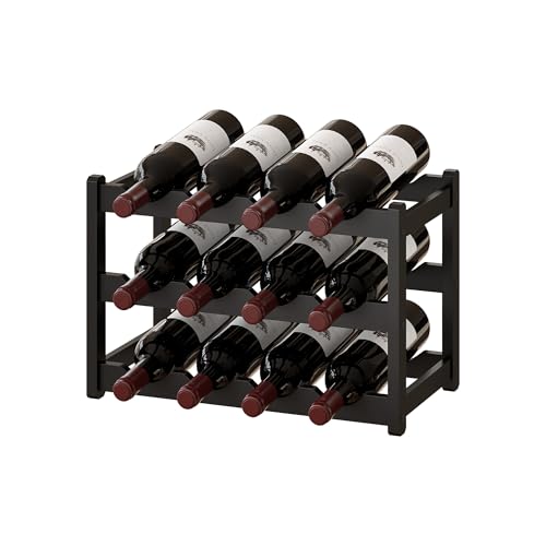 Bamboo Wine Rack Wine Storage Cabinet Shelf 12 Bottle Wine Racks Countertop Sturdy for Kitchen Dining Room Pantry (Black / 3 Tier)