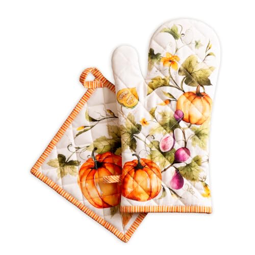 100% Cotton Oven Mitt & Pot Holder Set (069 - Pumpkin Garden - Cloudy Cream / 7.5" x 13" & 8" x 8" (Oven Mitt & Pot Holder))