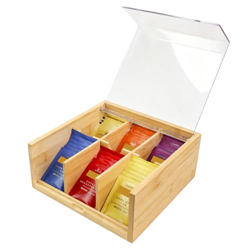 Bamboo Tea Bag Organizer Storage Box with 6 Compartments (Compact-Bamboo)