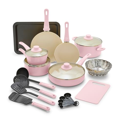 Soft Grip Healthy Ceramic Nonstick 18 Piece Kitchen Cookware Pots and Frying Sauce Saute Pans Set (18 Piece Cookware Set / Soft Pink)