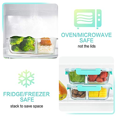5 Pack,36 oz, 3 Compartments Glass Meal Prep Containers with Lids (Green)