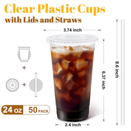 50 Pack 24 oz Clear Plastic Cups with Lids and Straws Disposable (Clear / 24 oz)