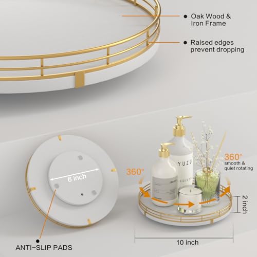 10 Inch White Wooden Lazy Susan Spice Organizer with Gold Rail (White & Gold / 10)
