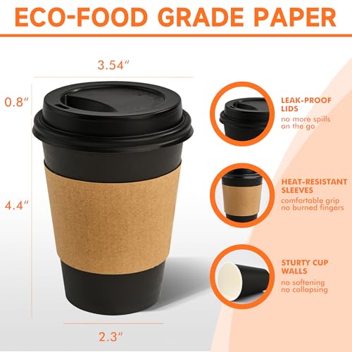 500 Pack 12 oz Disposable Coffee Cups with Lids and Sleeves (Black / 12 oz)
