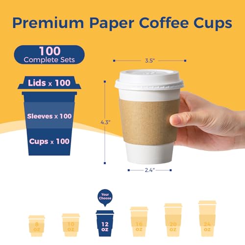 100 Pack 12 oz Disposable Coffee Cups with Lids (12 oz / Classic)