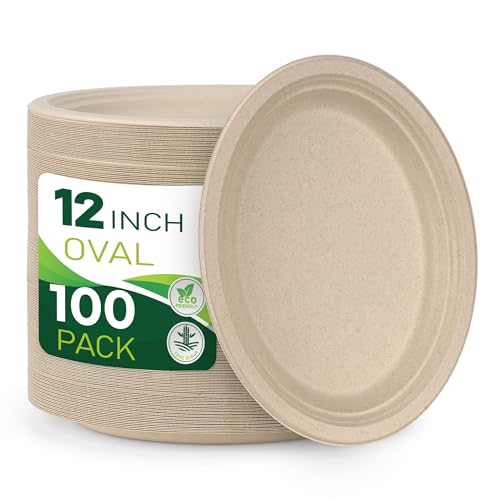 100PCS 100% Compostable Original Oval Paper Plates (Original / 12in Oval(100count))