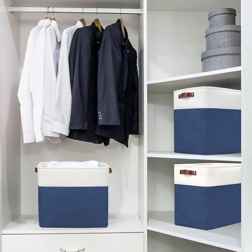 Large Fabric Storage Baskets (NavyBlue / Off-White / Extra Large -17"x12"x15")