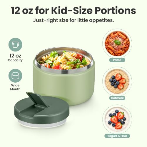 12oz Insulated Vacuum Food Jar with Buckle Lid Wide Mouth Soup Thermo for Hot Food Kids Leakproof Stainless Steel Lunch Container (Green / 12OZ)