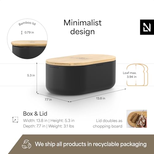 Bread Box I Metal Box for long lasting freshness I Bread Bin with bamboo lid usable as cutting board I 13.8x7.7x5.3 In