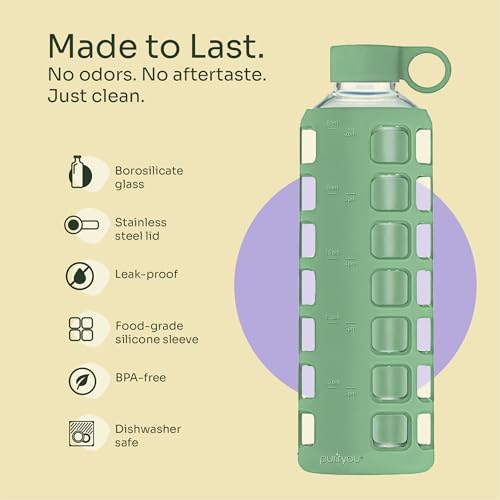 40oz / 32oz / 22oz / 12oz Borosilicate Glass Water Bottle with Time & Volume Markers, Silicone Sleeve, Stainless Steel Lid | Reusable Glass Bottle for Water & Juice (40oz Shale Green) (Shale Green (1 Count) / 40 Ounces)