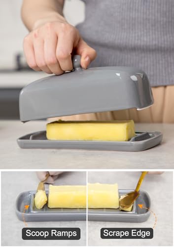 Ceramic Butter Dish with Lid for Countertop (Gray)