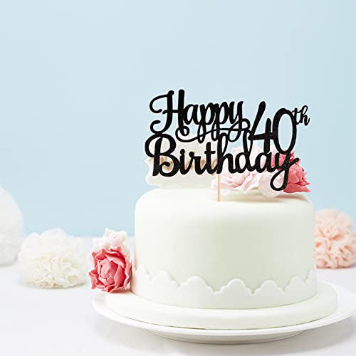 1 PCS Happy 40th Birthday Cake Topper Glitter Cheers to 40 Years Birthday Cake Pick 40 Fabulous Cake Decoration for Happy 40th Birthday Anniversary Party Decorations Supplies Black (Black / 40th)