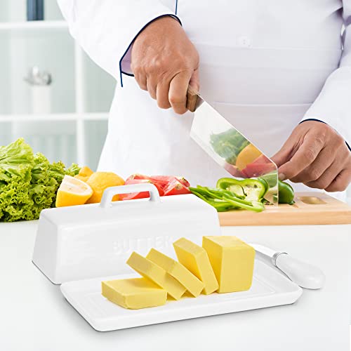 Ceramic Butter Dish Set with Lid and Knife (White)