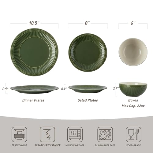 Ceramic Plates and Bowls Sets (Dark Green / Service for 4)