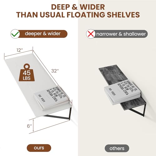 32W x 12D Deep Floating Shelves Set of 2 White (White With Black Metal Bracket / 32Wx12Dx5.8H)