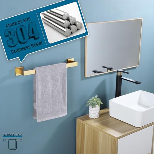 Bath Towel Bar Kitchen Dish Cloths Hanger 16 Inch Hand Towel Holder Stainless Steel Wall Mounted (Brushed Gold / 16-Inch)