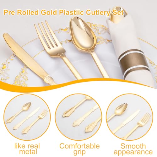 400PCS Gold Wrapped Silverware Disposable Fancy for Parties Weddings (Gold - Fancy)