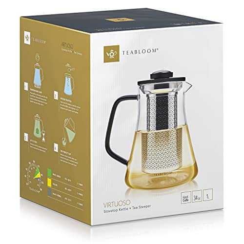 2-in-1 Tea Kettle and Tea Steeper - Glass Teapot with Thermometer and Stainless Steel Loose leaf Tea Infuser, No Whistle Kettles, Virtuoso 34-Ounce Tea Maker