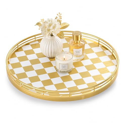 12 Inch Gold and White Checkerboard Lazy Susan with Metal Rail (Gold & White / 12 inches)