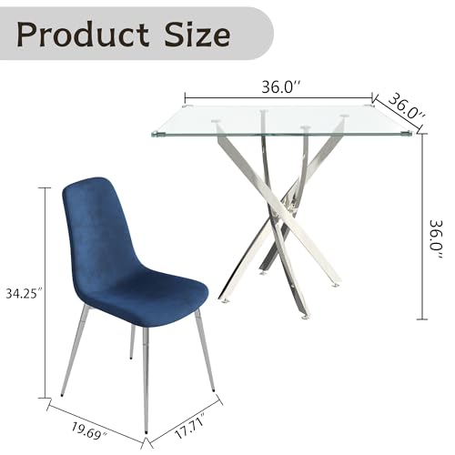 36" Square Glass Dining Table Set for 4 (Silver Square Table/Blue Velvet Chairs / 5 Pieces)