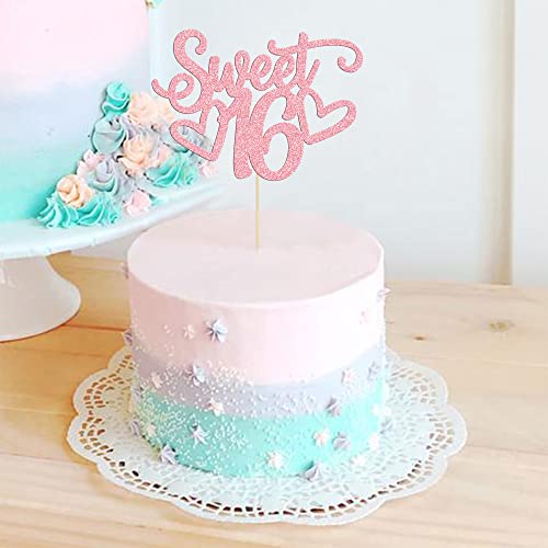 1Pc Sweet Teenager 16 Cake Topper Glitter 16th Birthday Cake Pick for Cheers to 16 Years Old 16th Birthday Party Cake Decorations Supplies Pink