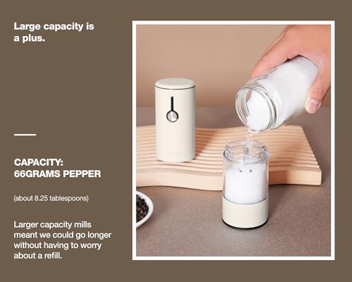 Electric Salt and Pepper Grinder Set Stainless Steel 2 Pack USB Rechargeable LED One Hand Off White (Off-White)