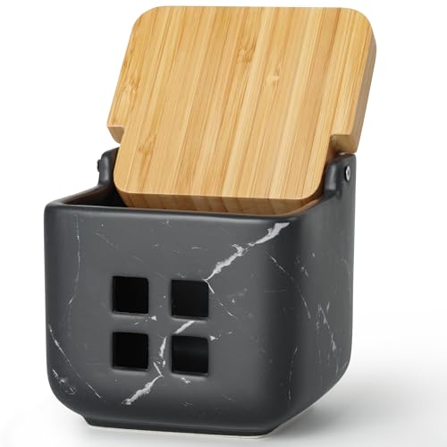 Ceramic Garlic Keeper with Bamboo Lid (Marble Black)