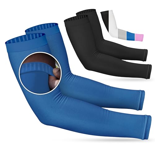 Non Slip Cooling Arm Sleeves for Men & Women (2 Pairs: 1 Pair Black + 1 Pair Dark Blue / One Size)