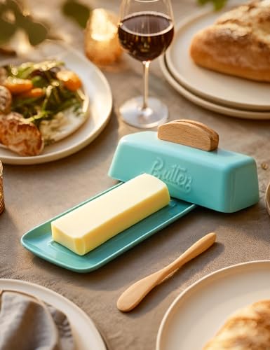 Butter Dish with Lid and Knife Butter Tray Holder for Counter Skyblue