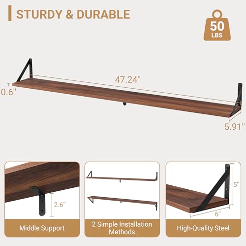 48 Inch Large Wall Bookshelves Set of 3 (Walnut / 47.24"W x 5.9"D x 5.4"H,Set of 3)