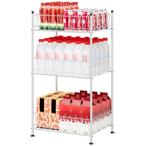 Water Bottle Storage Organizer 3 Tier Freestanding Water Bottle Holder Rack Stand Metal Drink Soda Can Organizer Beverage Shelf for Floor Pantry Kitchen Food Storage
