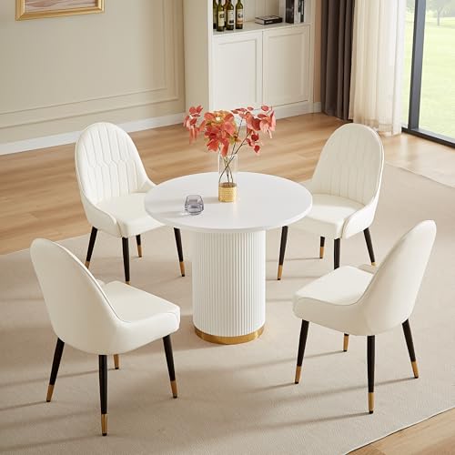 White Dining Chairs Set of 2 with High Backs Mid Century Modern Kitchen Dining Room Chairs PU Faux Leather Upholstered Large Padded Accent Chair with Legs (White)