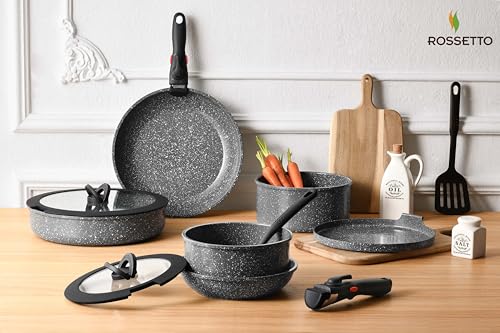 16pcs Aluminium Nonstick Pots and Pans Set from France with detachable Handle (Ash Grey / 16 Piece)