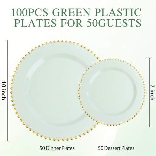 100pcs Green Plastic Plates with Gold Bead Design for Wedding (100 Count)