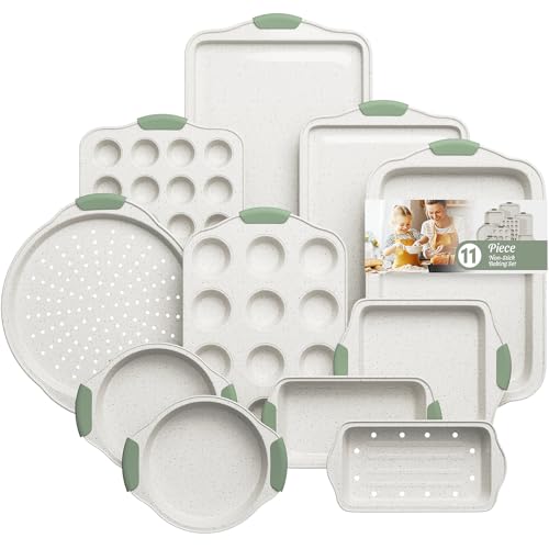 11-Piece Non-Toxic Baking Set, Stackable Nonstick Cookware, White&Green