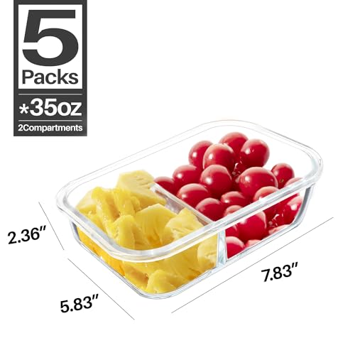 5 Pack 35 Oz Glass Meal Prep Containers 2 Compartments (5 Count)