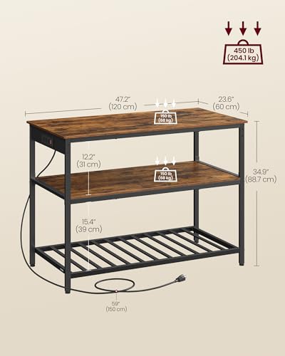 Kitchen Island with 3 Shelves (47.2"W x 34.9"H / with Power Outlets / Rustic Brown + Black)