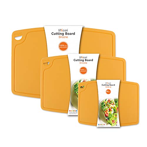 Silicone Thick Cutting Boards Mats Set of 3pcs Foldable & Flexible Design Juice Grooves Easy Grip Handle Dishwasher Safe for Kitchen (9.1"L x 7.1"W, 12.6"L x 9.1"W & 14.6"L x 10.4"W / Yellow)