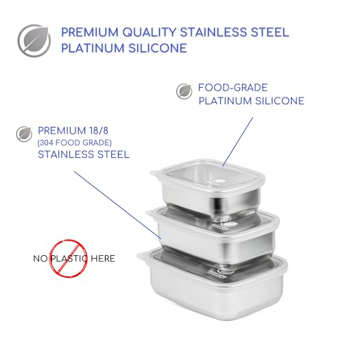 Stainless Steel Food Storage Containers with Clear Platinum Silicone Lids