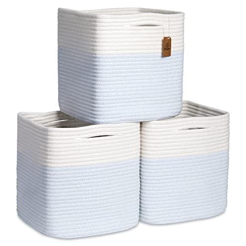 Storage Cubes 11 Inch Cotton Rope Woven Baskets for Organizing (Off White & Mixed Blue)