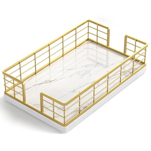 Marble Guest Towel Holder Tray for Bathroom (Gold/Marble White / 9.06 x 5.51 x 2.56 inches)