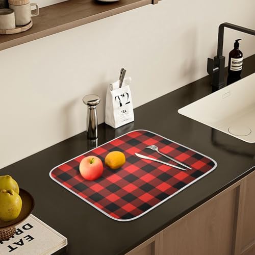 Christmas Red Black Buffalo Plaid Dish Drying Mat for Kitchen Counter Absorbent Microfiber Large Drying Pad Dish Mats for Kitchen Countertops 18 x 24 Inch (24" x 18")